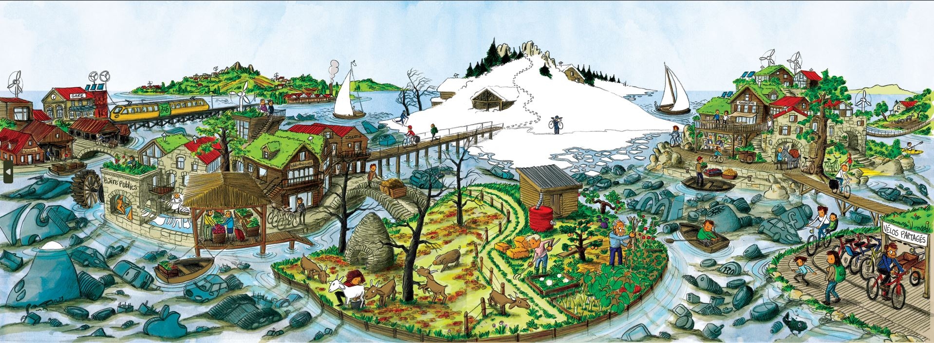 Planche de l'album de Vito Locuratolo, représentant une ville utopique et éco responsable.