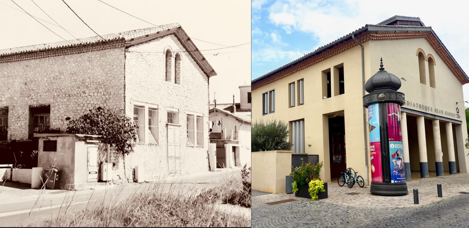 Montage photo du bâtiment, des anciens chais, devenus usine de bonneterie et aujourd'hui médiathèque