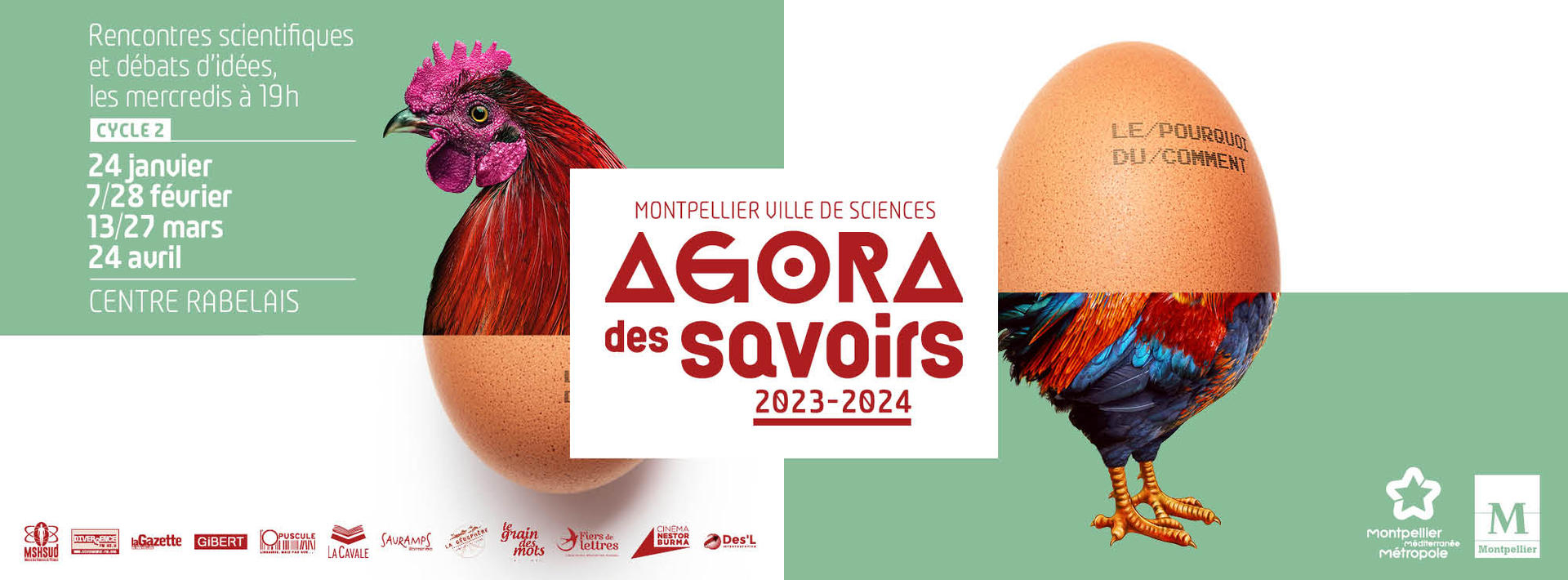 Illustration saison 2 de l'Agora des Savoirs, représentant une poule et un oeuf