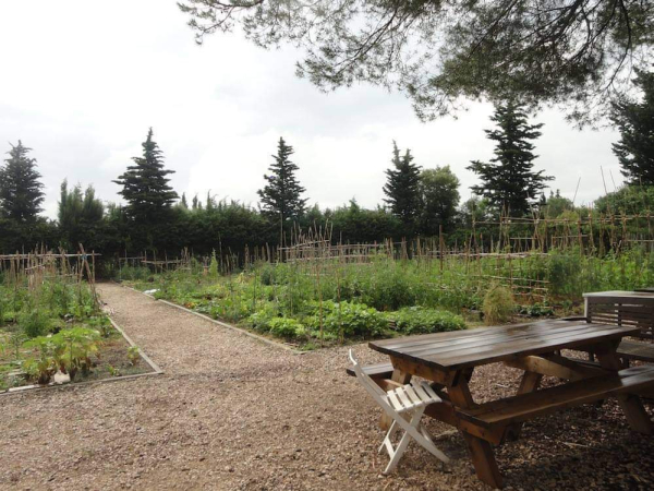 Vue du jardin partagé avec des tables en premier plan
