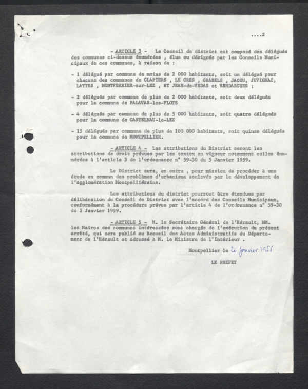 arrêté préfectoral de janvier 1965 actant la création du District Urbain de Montpellier (page 2)