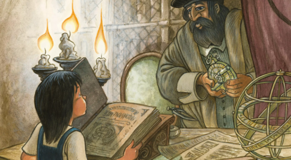 illustration de l'ouvrage Mina et le sceau du temps, une petite fille lit un livre et voit apparaître un personnage historique