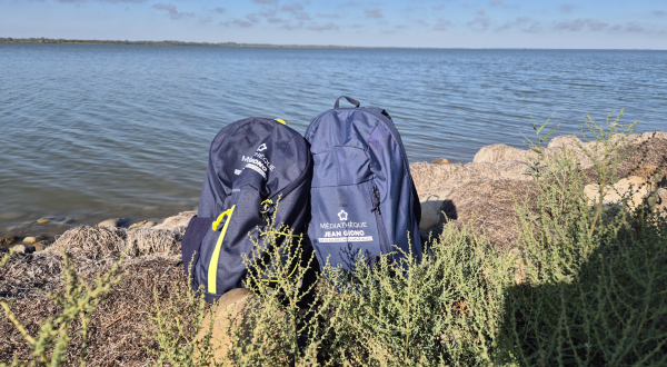 les sacs à dos posés au bord de l'étang 